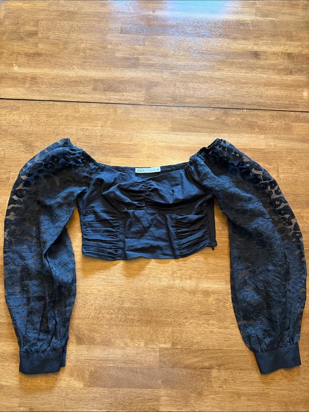 Zara Black Sheer Puff-Sleeve Crop Top